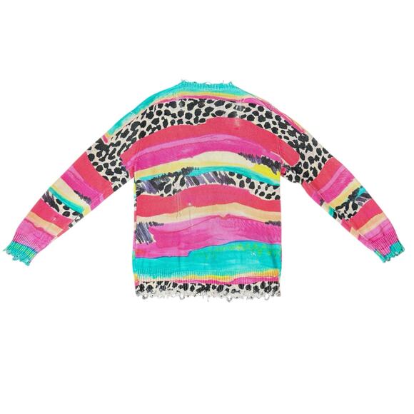 R13 Women's XS Distressed Edge Oversized Cardigan Rainbow Multi Stripe Leopard - Picture 12 of 13